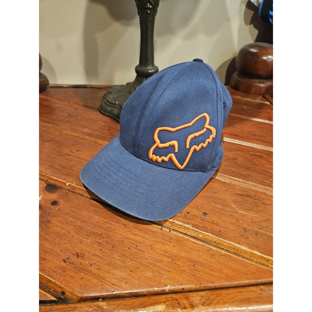 Fox Racing Flexfit Hat Navy Blue Orange Embroidered Logo Baseball Cap S/M